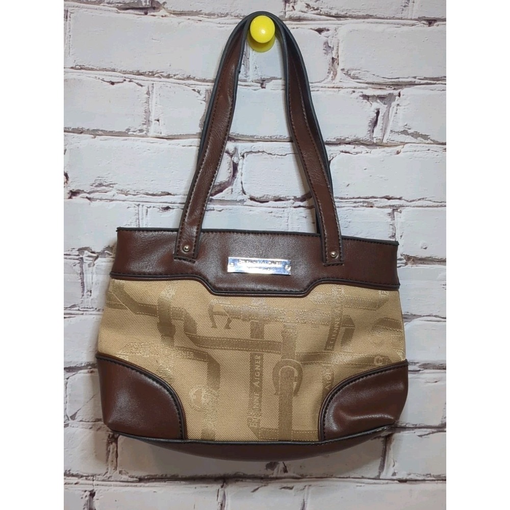 Etienne‎ Aigner Mini Ribbon Logo Canvas and Brown Leather Divided Handbag VGUC